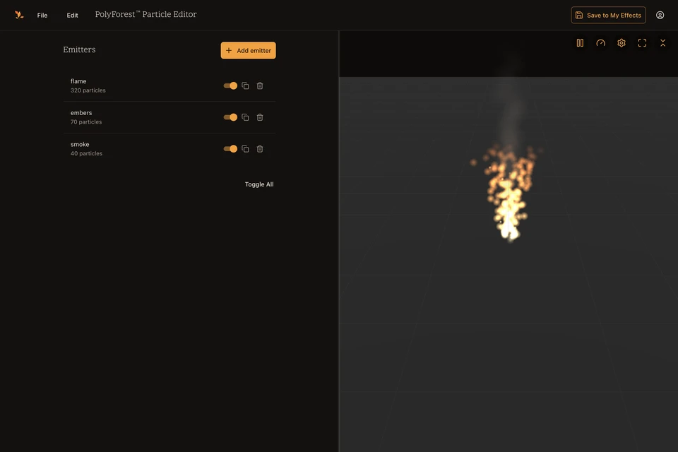 The PolyForest Particle Editor: flame, embers, and smoke emitters listed beside a live campfire preview.
